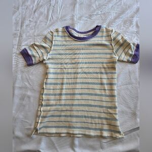 Free People We The Free Cream and Blue Waffle Knit Tee with Purple Trim